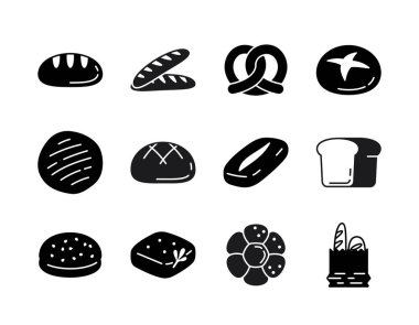 Somunlar, baget ve çörekler de dahil olmak üzere çeşitli ekmek türlerini temsil eden siyah kabartma simgelerinden oluşan bir koleksiyon. Bu set menüler, yemek blogları veya fırınla ilgili tasarımlar için mükemmeldir..