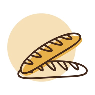 Kısmi renk dolgusu olan doğrusal bir simge, iki yeni pişmiş Fransız ekmeğini gösteriyor. Fırın, ekmek ve kahvaltı kavramları için ideal..
