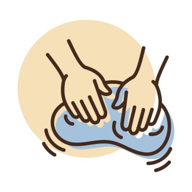 Kısmi renk dolgusu olan doğrusal bir simge, elleri hamur yoğururken gösteriyor. Ev yapımı pişirme, pişirme ve ekmek yapma ile ilgili kavramlar için idealdir..