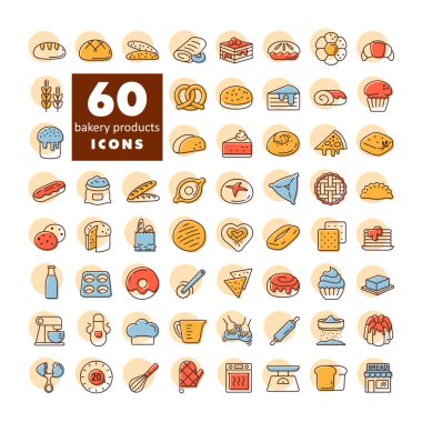 Fırın, yemek pişirme ve mutfak için 60 adet modern vektör simgesi. Ekmek, hamur işi, araç gereç ve malzeme sembolleri içerir. Markalaşma, uygulama ve web tasarımı için mükemmel..