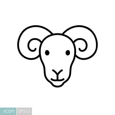 A simple black and white line art vector icon of a sheep or ram's head with large, curled horns.