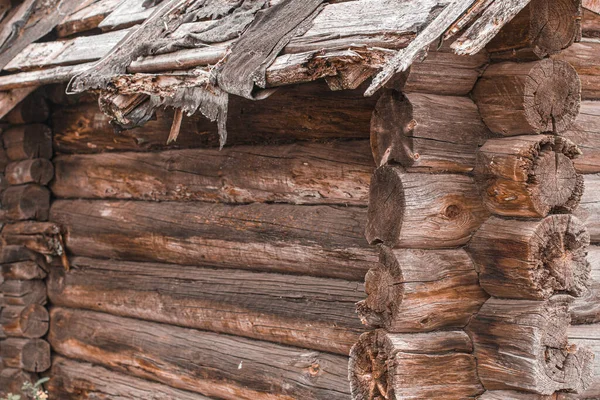 Corner of an old wooden house in country side with round logs. Old wood planks. Brown rustic wooden texture background. facade of a log house in the village , copy space