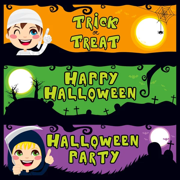 Drei Halloween Kinder Banner Mit Text Trick Oder Leckereien Happy — Stockvektor