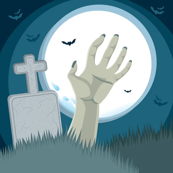 僵尸手上升从坟墓在公墓地面在墓碑前面与满月在背景上 — 图库矢量图片