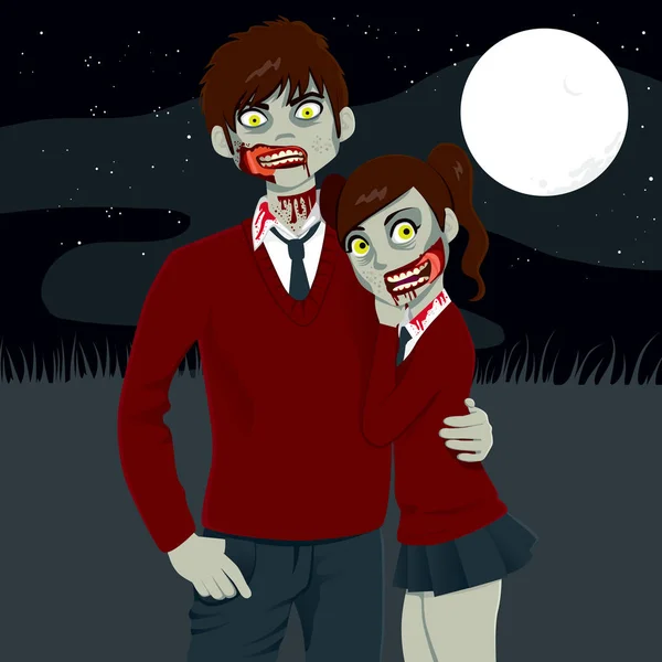 僵尸高中情侣拥抱在一个黑暗的万圣节满月夜 — 图库矢量图片