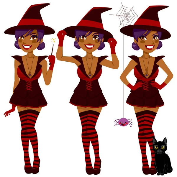 Bruxa Negra Mágica Sexy Escura Bonita Com Varinha Mágica Gato — Vetor de Stock