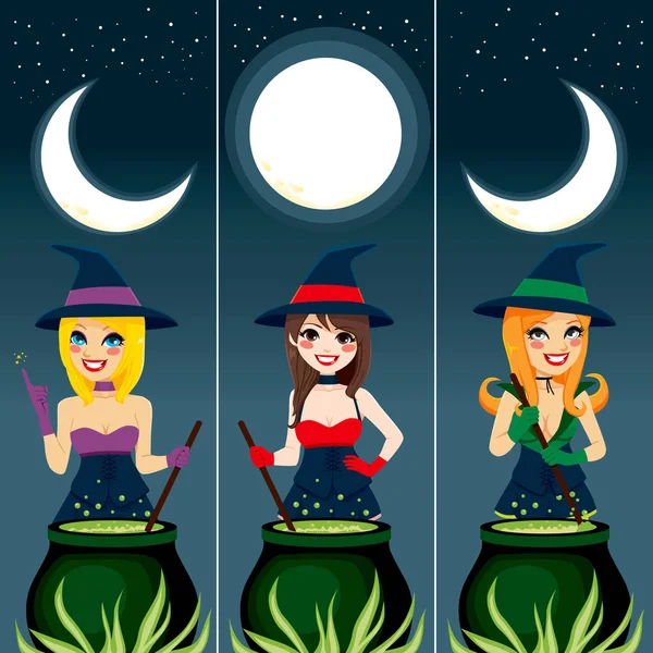 Trois Bannières Thème Halloween Avec Sorcière Sexy Utilisant Chaudron Pour — Image vectorielle