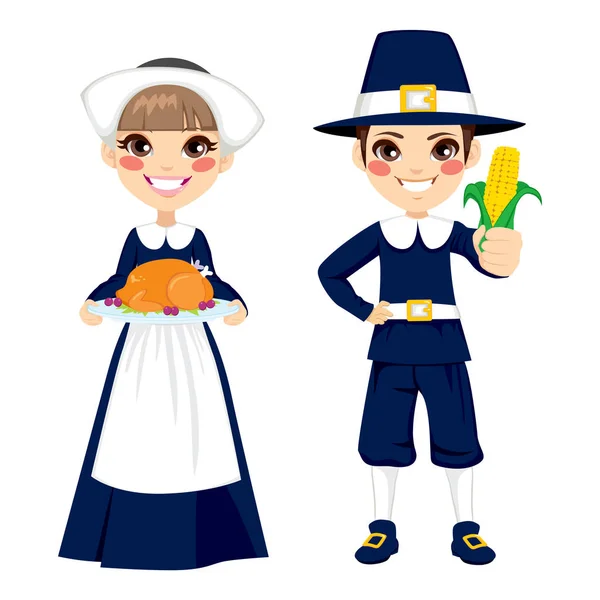 Two Cute Little Children Pilgrim Costume Holding Turkey Corn Celebrate — Stock Vector