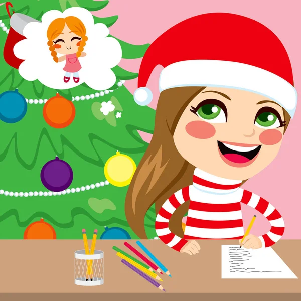 Mignonne Petite Fille Heureuse Pensée Écriture Wishlist Lettre Cadeaux Noël — Image vectorielle