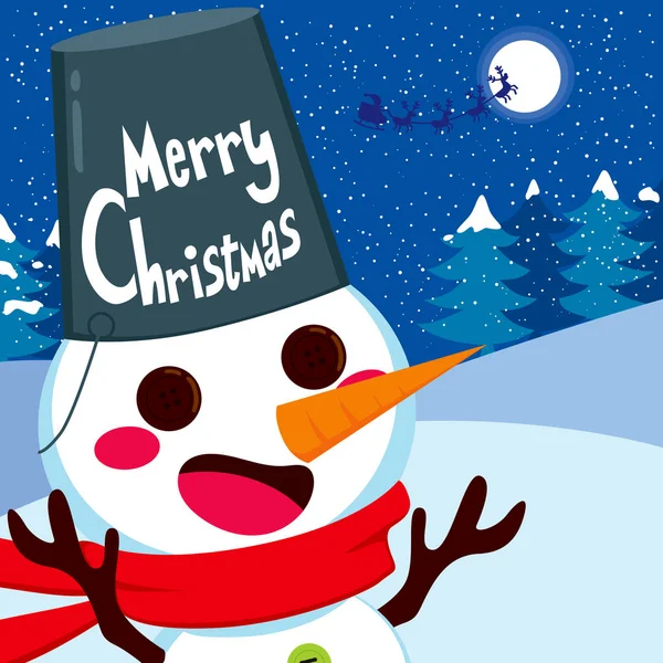 Schattig Gelukkig Sneeuwpop Met Grote Emmer Als Hoed Merry Christmas — Stockvector