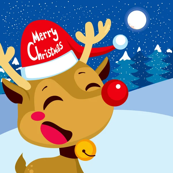 Lindo Reno Nariz Roja Feliz Rudolph Con Sombrero Santa Claus — Vector de stock