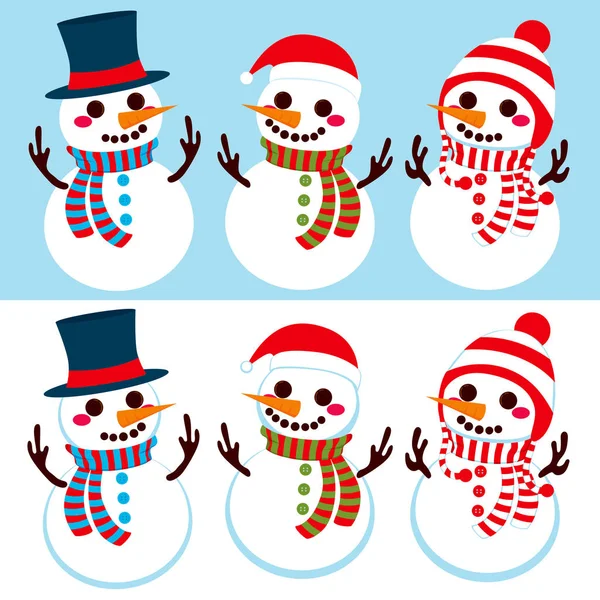 三可爱不同的快乐雪人穿着帽子和围巾在冬季两个不同的背景颜色版本 — 图库矢量图片