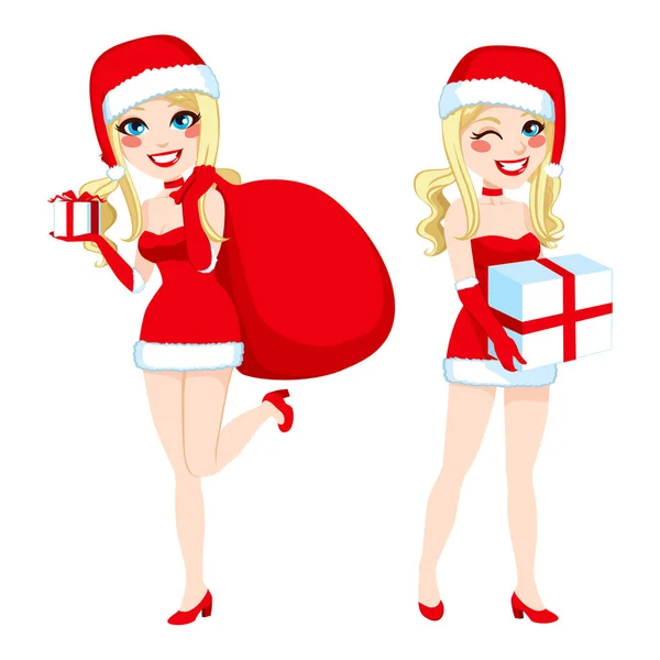 サンタ クロースの衣装に身を包んだ二つの動作で美しいブロンドの女の子のイラスト プレゼントを運ぶのドレスやギフト ボックス — ストックベクタ