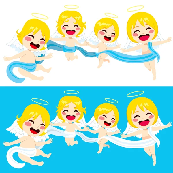 Quatre Petits Anges Mignons Volant Ensemble Unis Avec Long Tissu — Image vectorielle