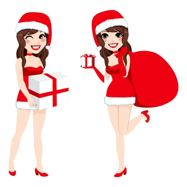 Illustration Vacker Brunett Twin Sisters Klädd Med Santa Claus Kostym — Stock vektor