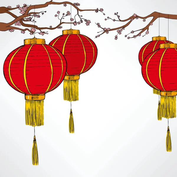 Geleneksel Çin Kırmızı Fener Dekorasyon Öğeleri Kiraz Ağacından Asılı Yeni — Stok Vektör