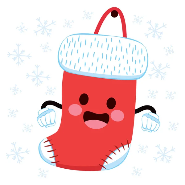 Sevimli Noel Kırmızı Çorap Karakter Kar Taneleri Ile Mutlu — Stok Vektör