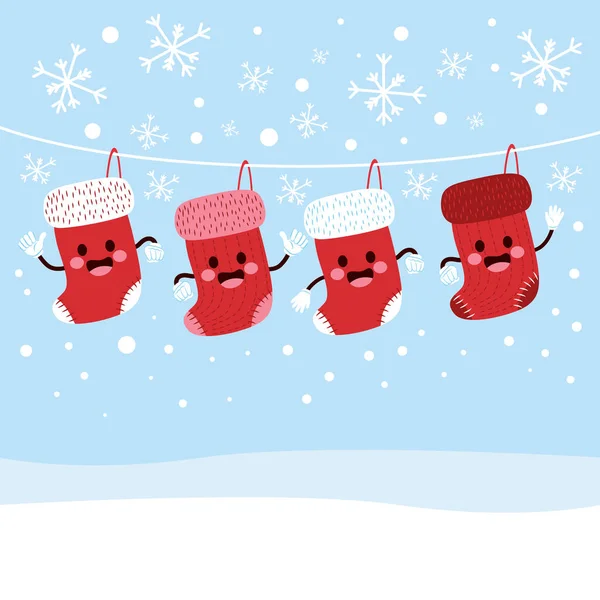 Linha Branca Com Bonitinho Natal Meias Personagem Pendurado Inverno Neve — Vetor de Stock