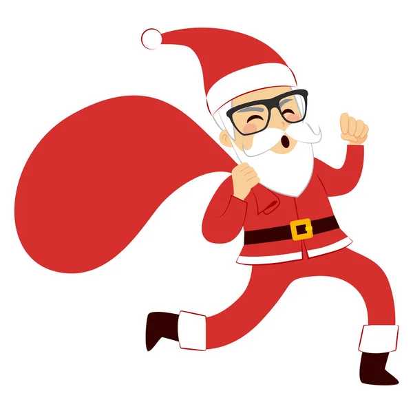 Komik Şirin Noel Baba Hediye Tam Kırmızı Çuval Ile Çalışan — Stok Vektör