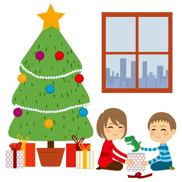 Two Cute Happy Siblings Children Opening Gifts Together Christmas Tree — Stock Vector