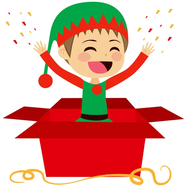 Cute Christmas Elf Coming Out Christmas Red Gift Box — Stock Vector
