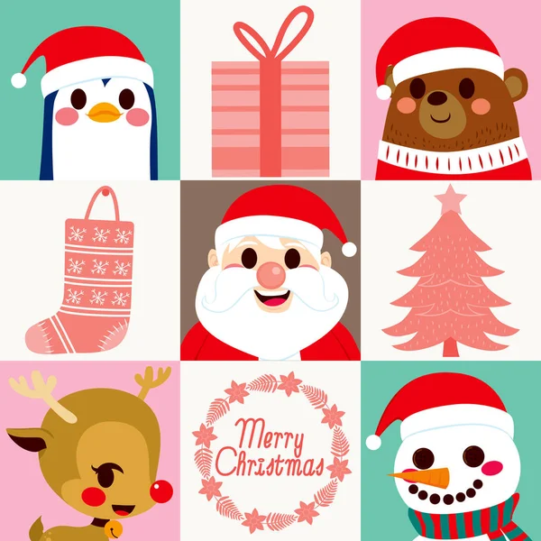 可爱的圣诞老人字符与可爱的动物和圣诞节元素卡集集合 — 图库矢量图片