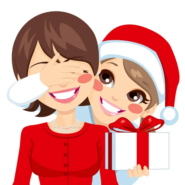 Little Daughter Smiling Covering Her Happy Mother Eyes Christmas Day — Stock Vector