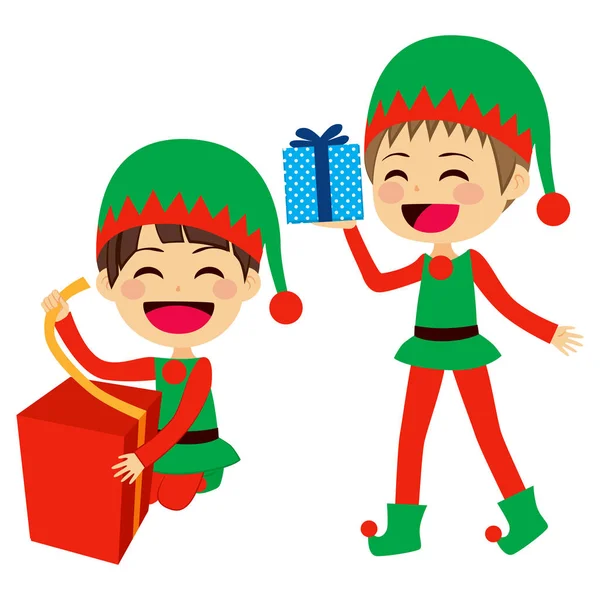 Cute Santa Elfos Ayudantes Envolver Sostener Regalos — Vector de stock