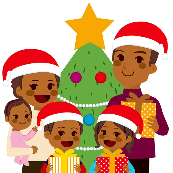 面白いのアフリカ系アメリカ人家族クリスマス開催を祝うプレゼント クリスマス ツリーの近く — ストックベクタ