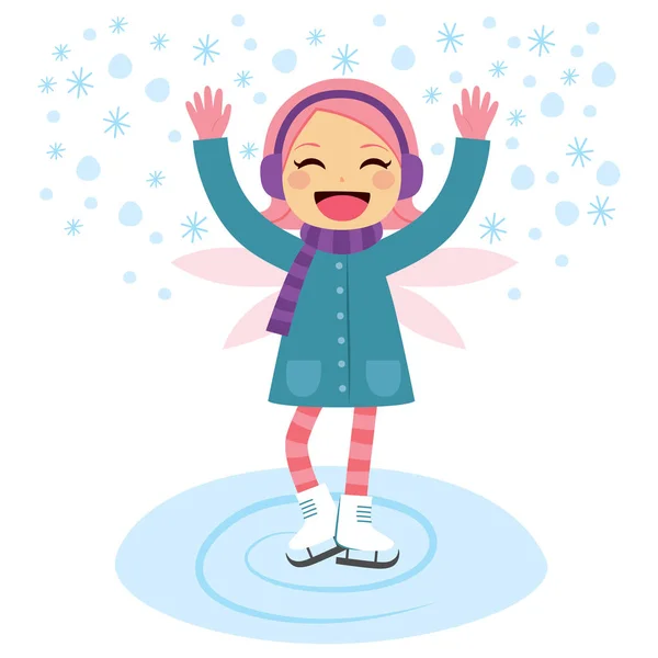 Mooi Meisje Met Winter Fairy Vleugels Gelukkig Schaatsen Bevroren Meer — Stockvector