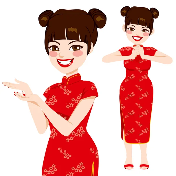 Hermosa Mujer China Vestido Rojo Tradicional Haciendo Saludos Artes Marciales — Archivo Imágenes Vectoriales