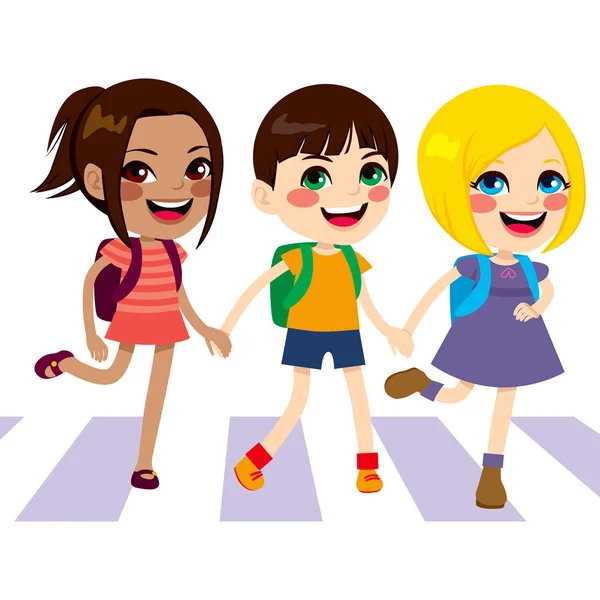 Tre Simpatici Bambini Felici Attraversano Strada Camminando Attraverso Traversata Pedonale — Vettoriale Stock