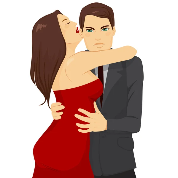 迷人的年轻黑发妇女在性感的红色礼服拥抱英俊的男子穿着灰色西装 — 图库矢量图片