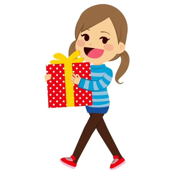 Happy Little Girl Holding Big Present Box — Stock Vector