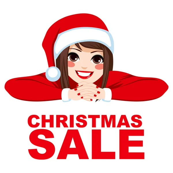 Γυναίκα Που Φοράει Καπέλο Santa Χαμογελώντας Κόκκινο Χριστούγεννα Πώληση Κείμενο — Διανυσματικό Αρχείο