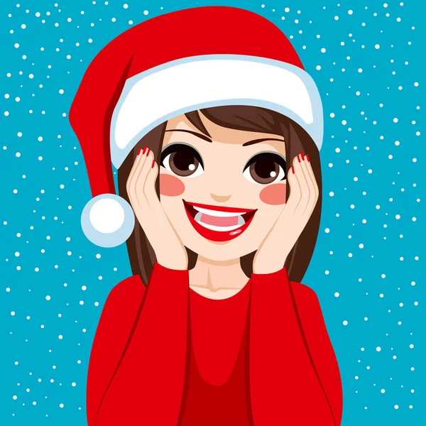 Hermosa Joven Morena Feliz Sorprendida Navidad Con Sombrero Santa Claus — Vector de stock