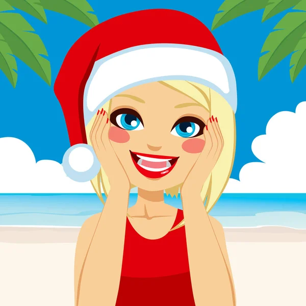 Beautiful Happy Young Blonde Woman Excited Enjoying Christmas Vacation Tropical — Stock Vector