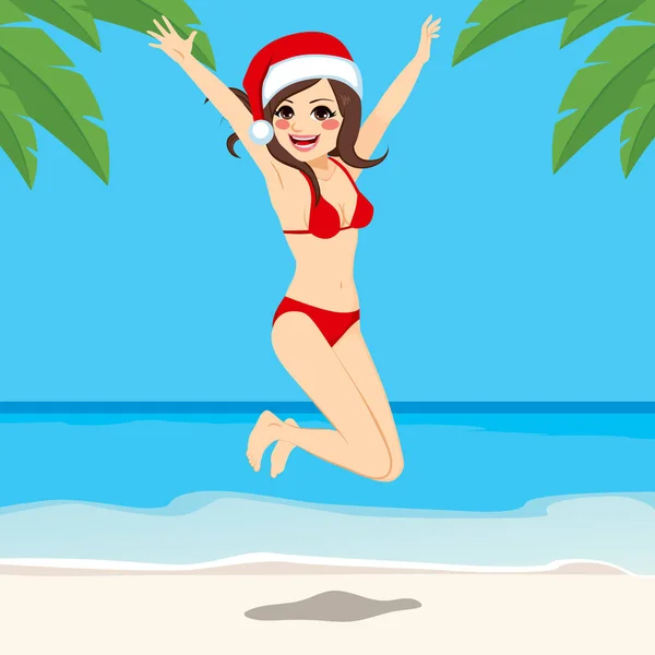 Bella Ragazza Bruna Che Indossa Cappello Babbo Natale Saltando Vacanza — Vettoriale Stock