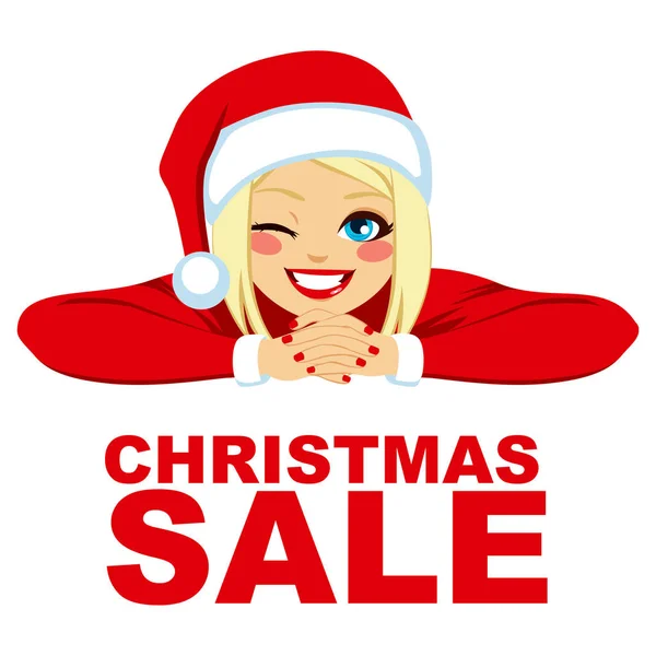 Blond Žena Nosí Santa Hat Usmívá Mrkání Červeným Textem Vánoční — Stockový vektor