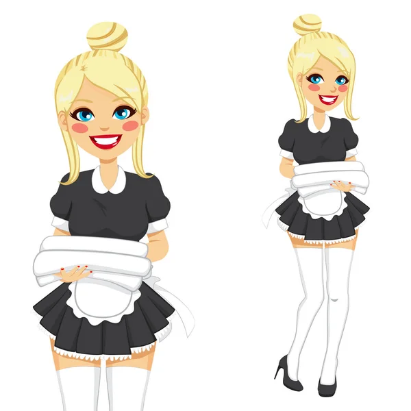 Blonde Sexy Woman Vintage Maid Service Dress Holding White Towels — Stock Vector