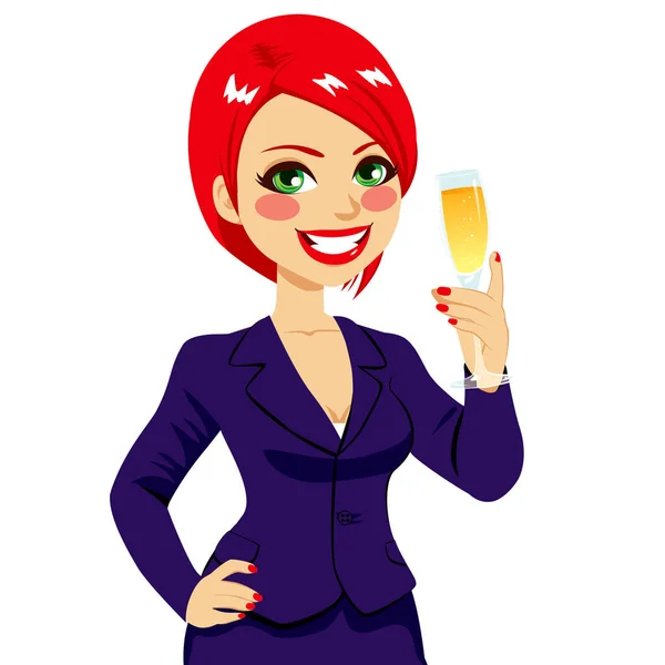 Успешная Улыбающаяся Рыжеволосая Деловая Женщина Бокалом Шампанского Рукой Бедре — стоковый вектор