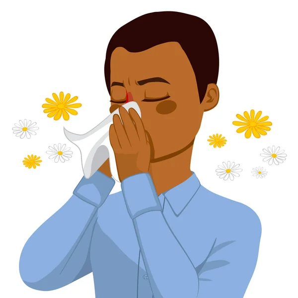 Young Brown Haired African American Man Sneezing Blowing Nose White — Stock Vector