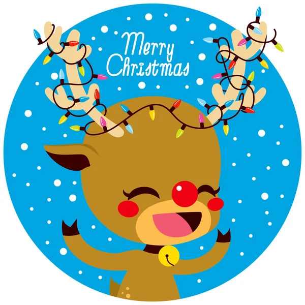 かわいいカラフルなと少し幸せな鹿ライト装飾の角とメリー クリスマス テキストに絡まって — ストックベクタ