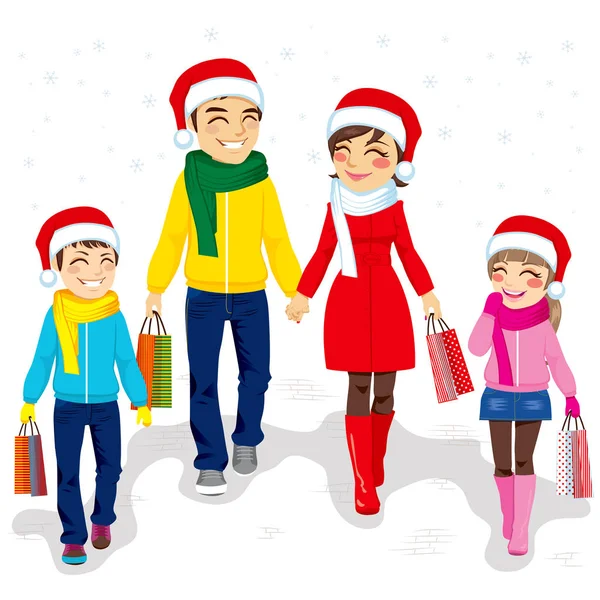Счастливая Семья Собирается Рождественские Покупки Вместе Санта Клаусом Шляпы Держащие — стоковый вектор