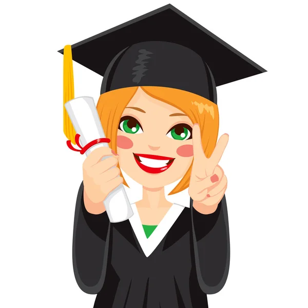 美丽的红头发女孩在毕业日与文凭和用手做胜利的标志 — 图库矢量图片