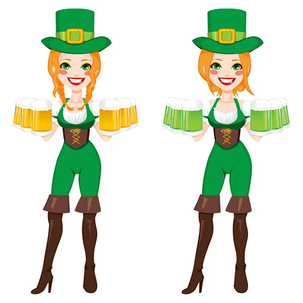 美丽的红色头发爱尔兰女孩在两个不同的版本举行绿色和金色啤酒与小妖精服装 — 图库矢量图片