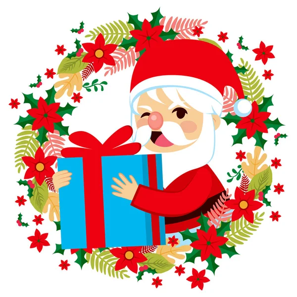 Cute Winking Happy Santa Claus Holding Present Gift Giving — Stock Vector