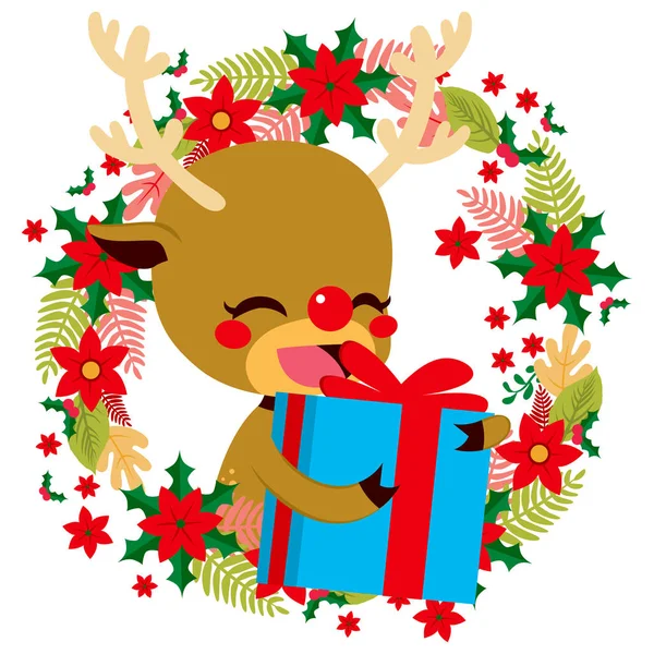 可爱的快乐驯鹿持有礼物送礼的概念 — 图库矢量图片