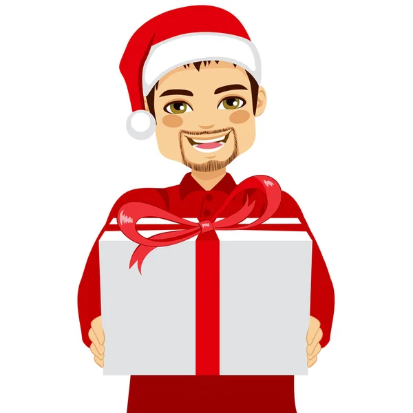 Handsome Young Man Giving Christmas Gift You White Background — Stock Vector