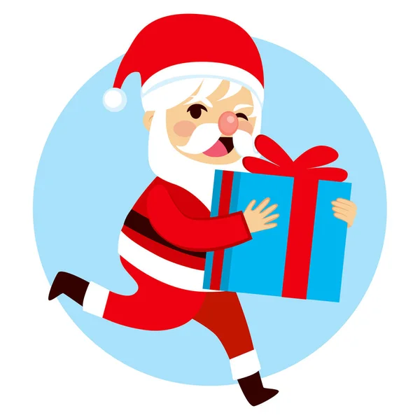 Cute Fat Santa Claus Holding Christmas Gift Running — Stock Vector